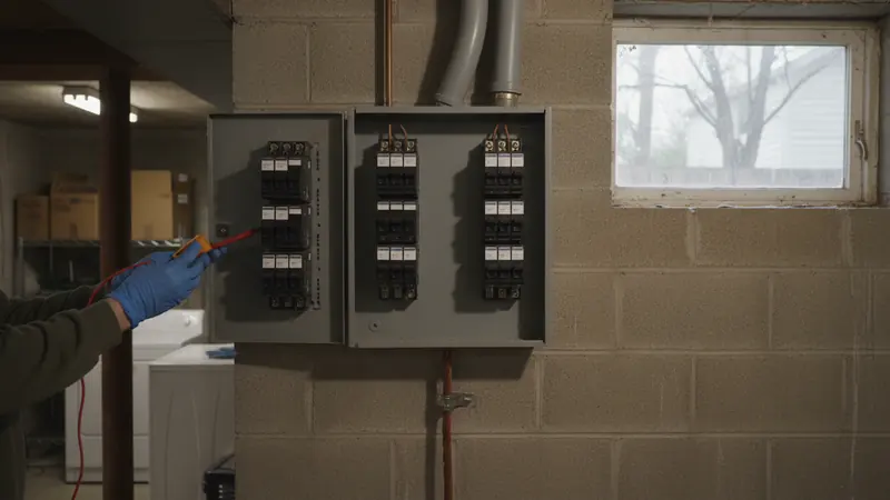 An open service panel during a heavy-up — the most quoted electrical job in the county Electrician work in Fairfax County, VA.